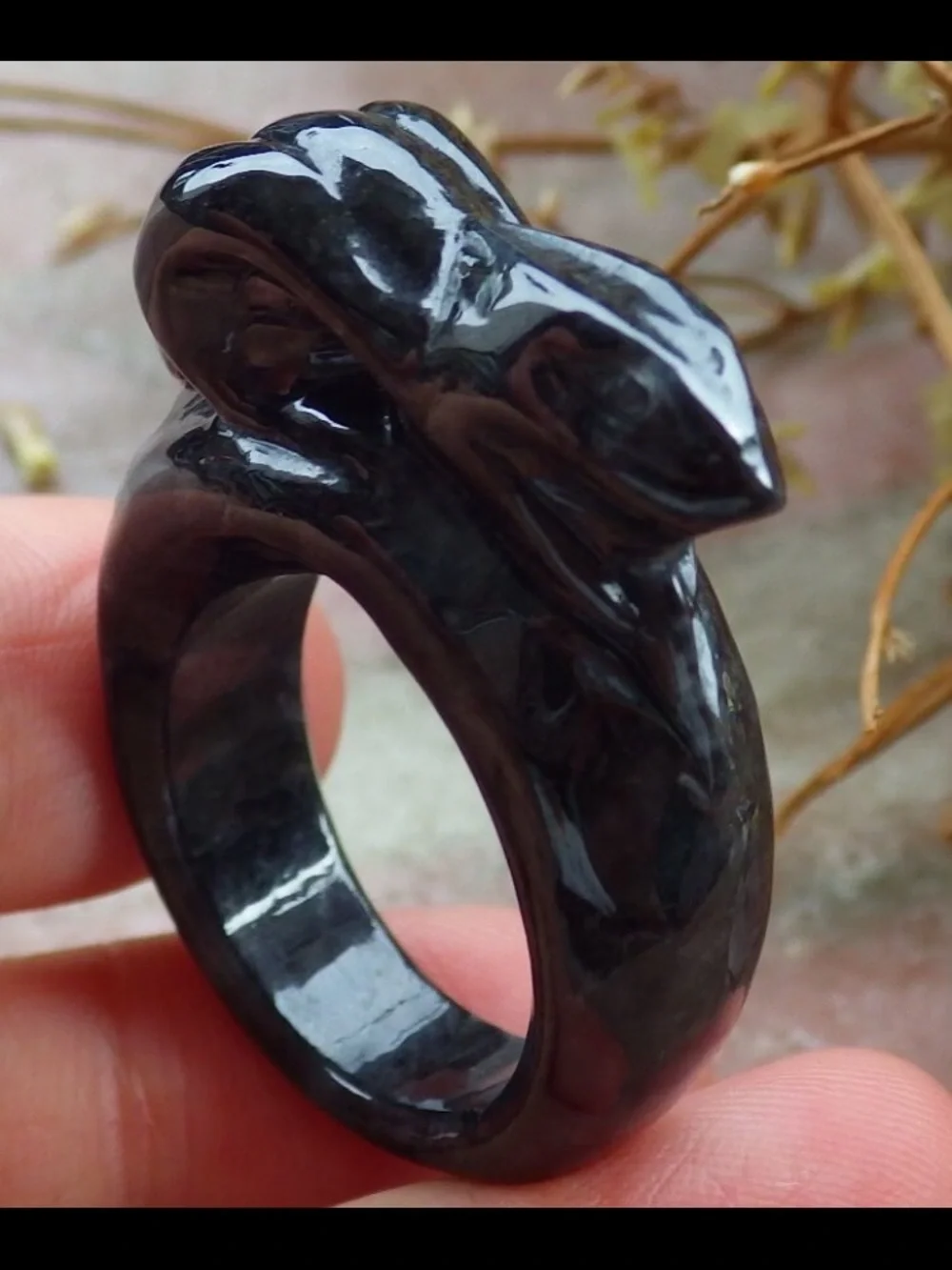 Certificate Jadeite Jade carved black Snake ring size8.5